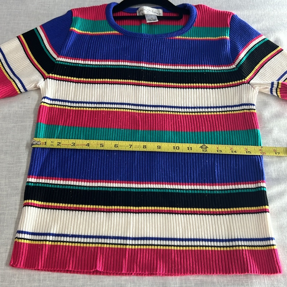 🌞 Kim Rogers colorful striped short sleeve round neck ribbed sweater women M - Picture 10 of 16